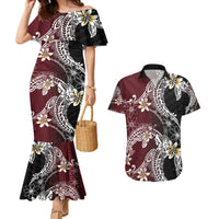 Polynesian Hawaiian Plumeria Tribal Pattern Couples Matching Mermaid Dress and Hawaiian Shirt Special Wine Red Version LT01 Red - Polynesian Pride