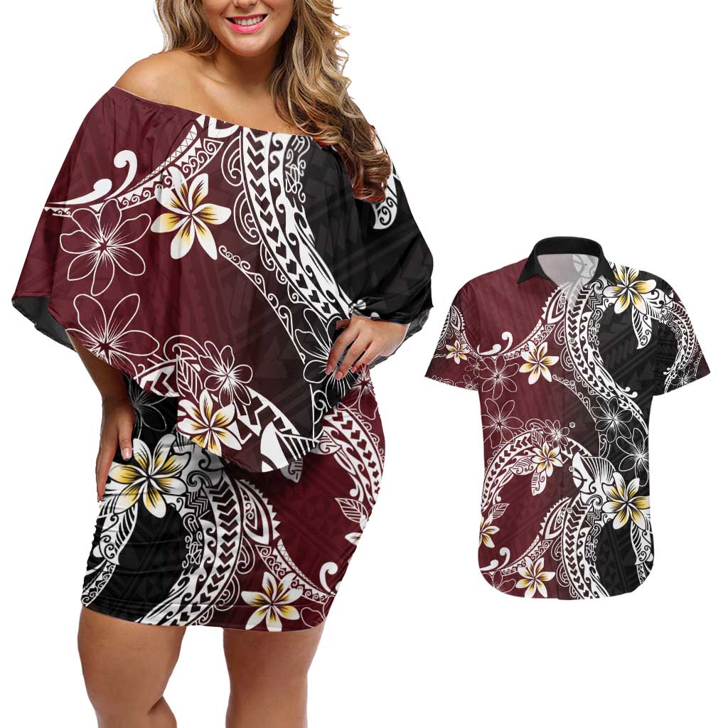 Polynesian Hawaiian Plumeria Tribal Pattern Couples Matching Off Shoulder Short Dress and Hawaiian Shirt Special Wine Red Version LT01 Red - Polynesian Pride