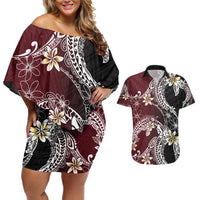 Polynesian Hawaiian Plumeria Tribal Pattern Couples Matching Off Shoulder Short Dress and Hawaiian Shirt Special Wine Red Version LT01 Red - Polynesian Pride