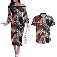 Polynesian Hawaiian Plumeria Tribal Pattern Couples Matching Off The Shoulder Long Sleeve Dress and Hawaiian Shirt Special Wine Red Version LT01 Red - Polynesian Pride