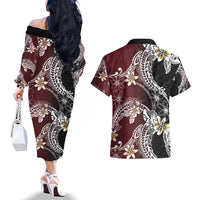 Polynesian Hawaiian Plumeria Tribal Pattern Couples Matching Off The Shoulder Long Sleeve Dress and Hawaiian Shirt Special Wine Red Version LT01 - Polynesian Pride
