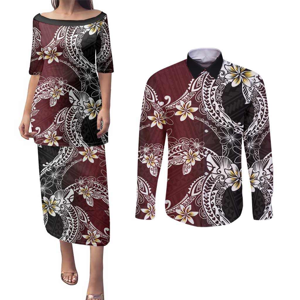 Polynesian Hawaiian Plumeria Tribal Pattern Couples Matching Puletasi and Long Sleeve Button Shirt Special Wine Red Version