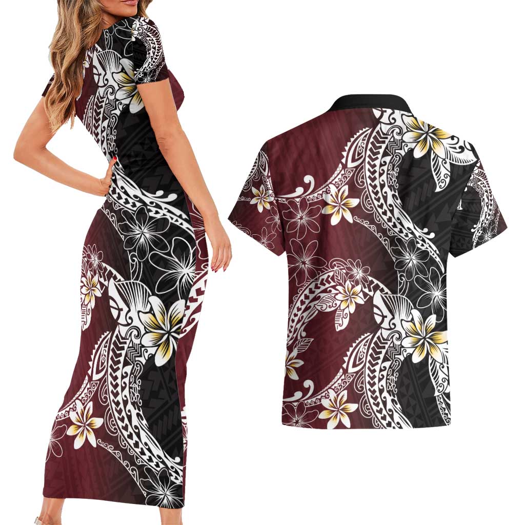 Polynesian Hawaiian Plumeria Tribal Pattern Couples Matching Short Sleeve Bodycon Dress and Hawaiian Shirt Special Wine Red Version LT01 - Polynesian Pride