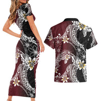 Polynesian Hawaiian Plumeria Tribal Pattern Couples Matching Short Sleeve Bodycon Dress and Hawaiian Shirt Special Wine Red Version LT01 - Polynesian Pride