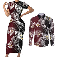 Polynesian Hawaiian Plumeria Tribal Pattern Couples Matching Short Sleeve Bodycon Dress and Long Sleeve Button Shirt Special Wine Red Version LT01 Red - Polynesian Pride