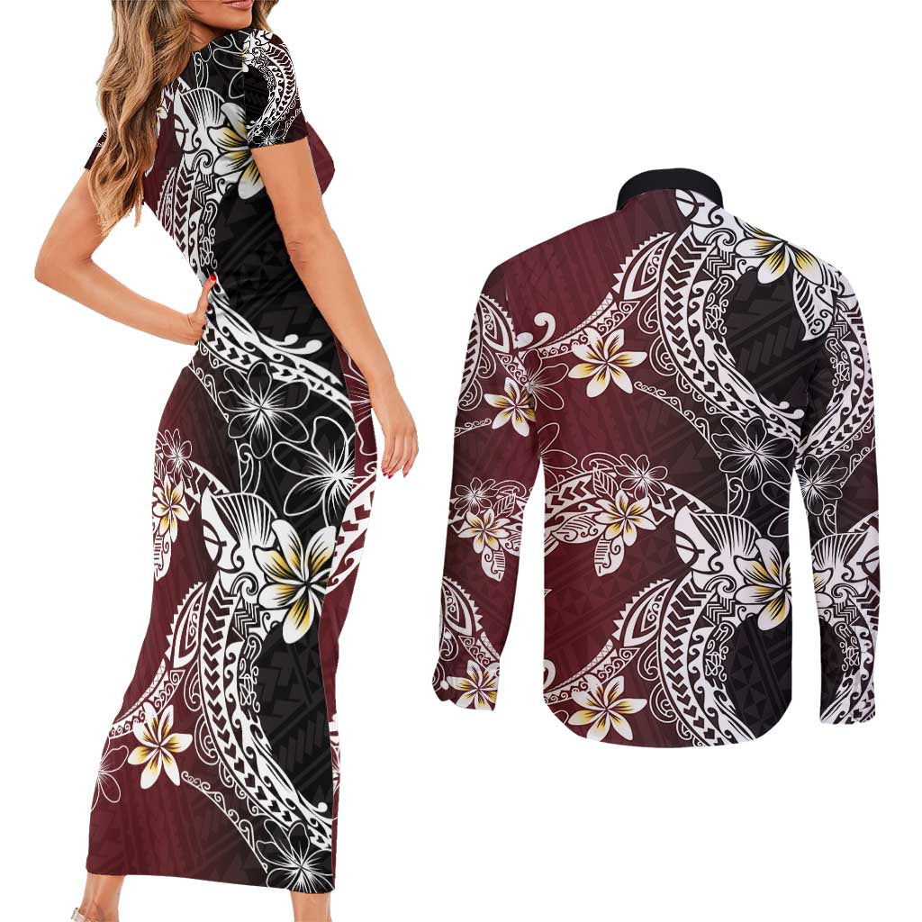 Polynesian Hawaiian Plumeria Tribal Pattern Couples Matching Short Sleeve Bodycon Dress and Long Sleeve Button Shirt Special Wine Red Version LT01 - Polynesian Pride