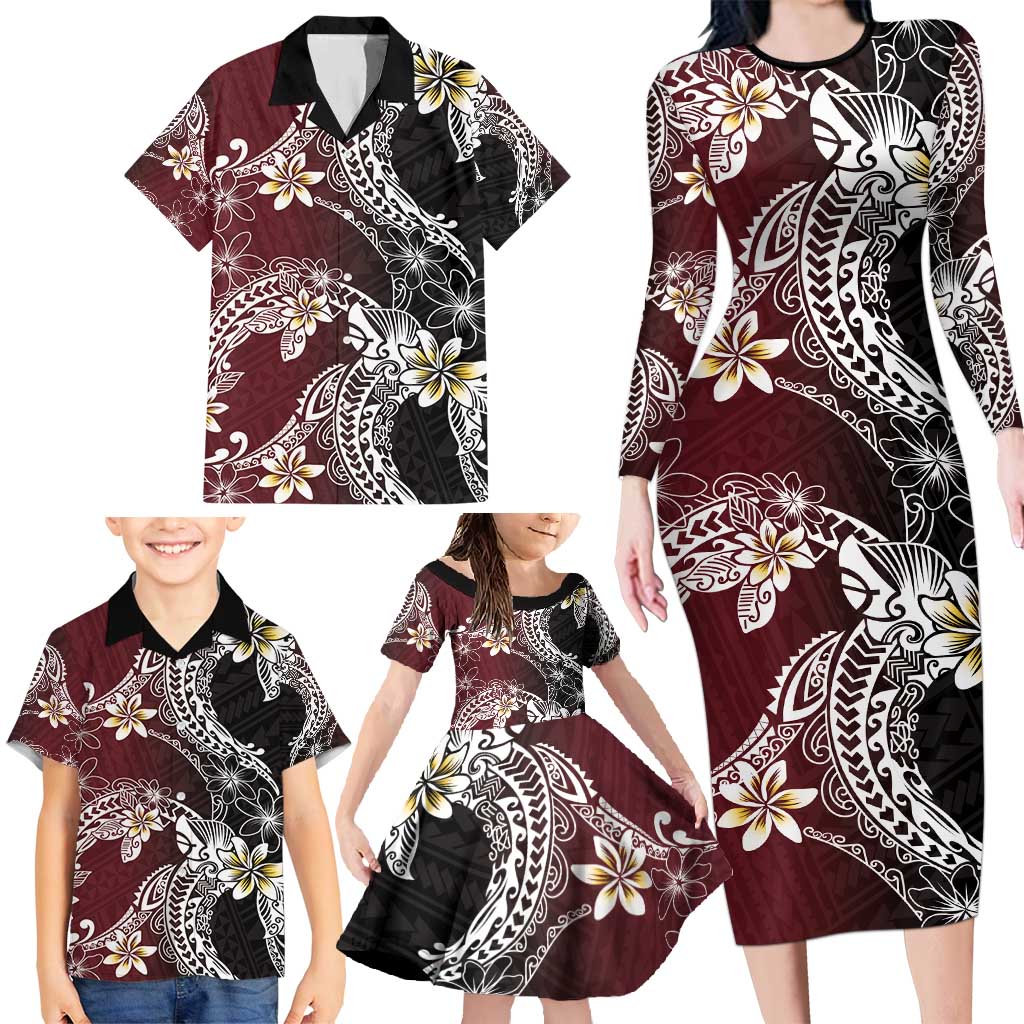 Polynesian Hawaiian Plumeria Tribal Pattern Family Matching Long Sleeve Bodycon Dress and Hawaiian Shirt Special Wine Red Version LT01 - Polynesian Pride