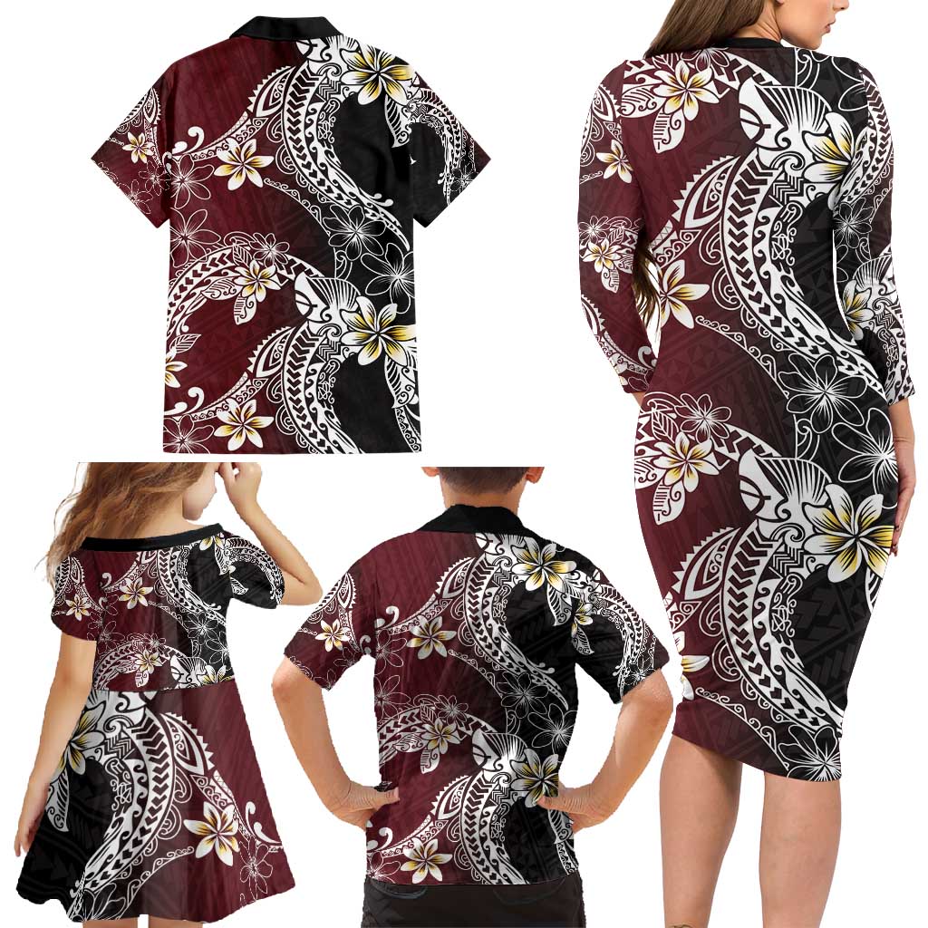 Polynesian Hawaiian Plumeria Tribal Pattern Family Matching Long Sleeve Bodycon Dress and Hawaiian Shirt Special Wine Red Version LT01 - Polynesian Pride