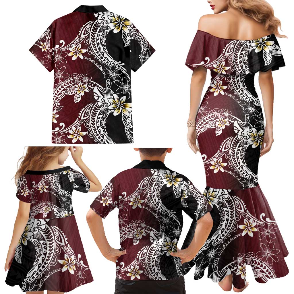 Polynesian Hawaiian Plumeria Tribal Pattern Family Matching Mermaid Dress and Hawaiian Shirt Special Wine Red Version LT01 - Polynesian Pride