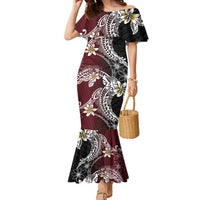 Polynesian Hawaiian Plumeria Tribal Pattern Family Matching Mermaid Dress and Hawaiian Shirt Special Wine Red Version LT01 Mom's Dress Red - Polynesian Pride