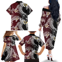 Polynesian Hawaiian Plumeria Tribal Pattern Family Matching Off The Shoulder Long Sleeve Dress and Hawaiian Shirt Special Wine Red Version LT01 - Polynesian Pride