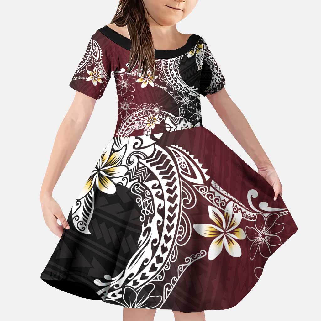 Polynesian Hawaiian Plumeria Tribal Pattern Family Matching Off Shoulder Maxi Dress and Hawaiian Shirt Special Wine Red Version LT01 Daughter's Dress Red - Polynesian Pride