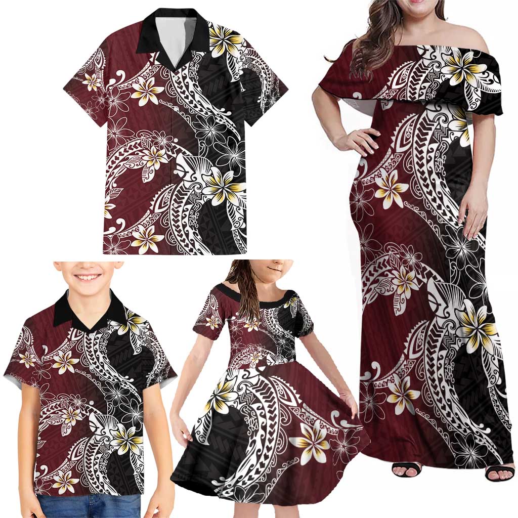 Polynesian Hawaiian Plumeria Tribal Pattern Family Matching Off Shoulder Maxi Dress and Hawaiian Shirt Special Wine Red Version LT01 - Polynesian Pride