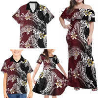 Polynesian Hawaiian Plumeria Tribal Pattern Family Matching Off Shoulder Maxi Dress and Hawaiian Shirt Special Wine Red Version LT01 - Polynesian Pride