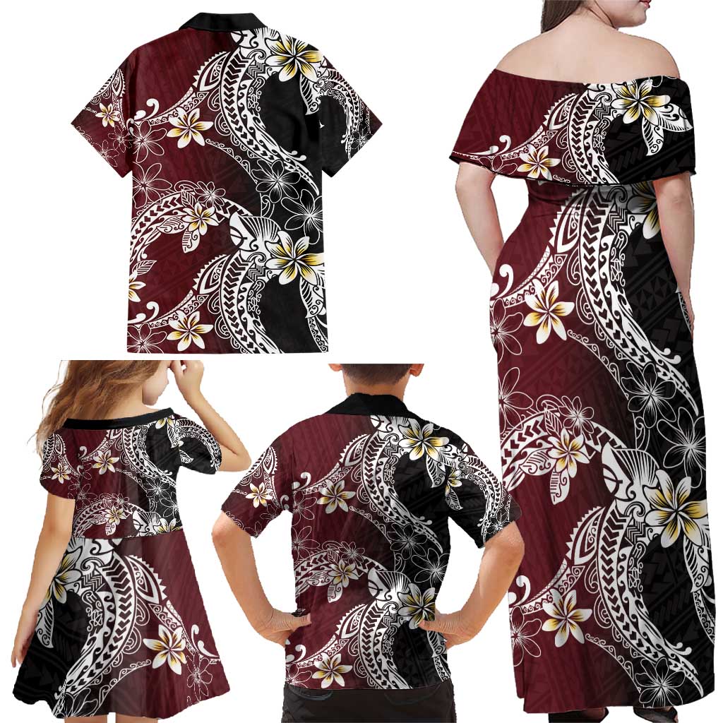 Polynesian Hawaiian Plumeria Tribal Pattern Family Matching Off Shoulder Maxi Dress and Hawaiian Shirt Special Wine Red Version LT01 - Polynesian Pride