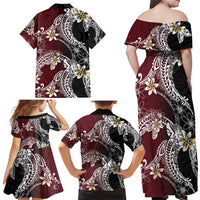 Polynesian Hawaiian Plumeria Tribal Pattern Family Matching Off Shoulder Maxi Dress and Hawaiian Shirt Special Wine Red Version LT01 - Polynesian Pride