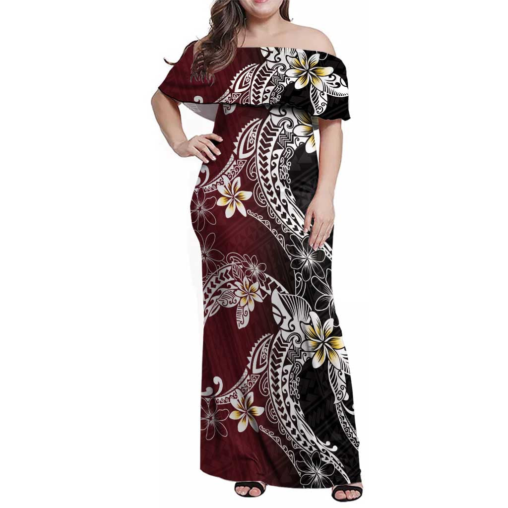Polynesian Hawaiian Plumeria Tribal Pattern Family Matching Off Shoulder Maxi Dress and Hawaiian Shirt Special Wine Red Version LT01 Mom's Dress Red - Polynesian Pride