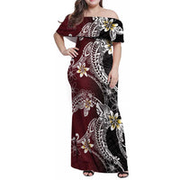 Polynesian Hawaiian Plumeria Tribal Pattern Family Matching Off Shoulder Maxi Dress and Hawaiian Shirt Special Wine Red Version LT01 Mom's Dress Red - Polynesian Pride