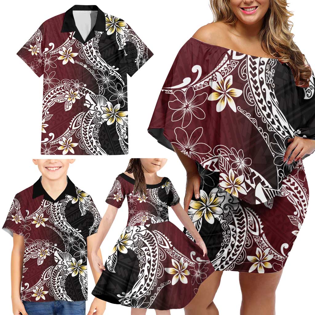 Polynesian Hawaiian Plumeria Tribal Pattern Family Matching Off Shoulder Short Dress and Hawaiian Shirt Special Wine Red Version LT01 - Polynesian Pride