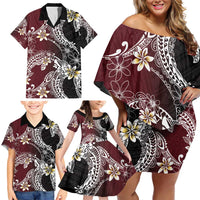 Polynesian Hawaiian Plumeria Tribal Pattern Family Matching Off Shoulder Short Dress and Hawaiian Shirt Special Wine Red Version LT01 - Polynesian Pride