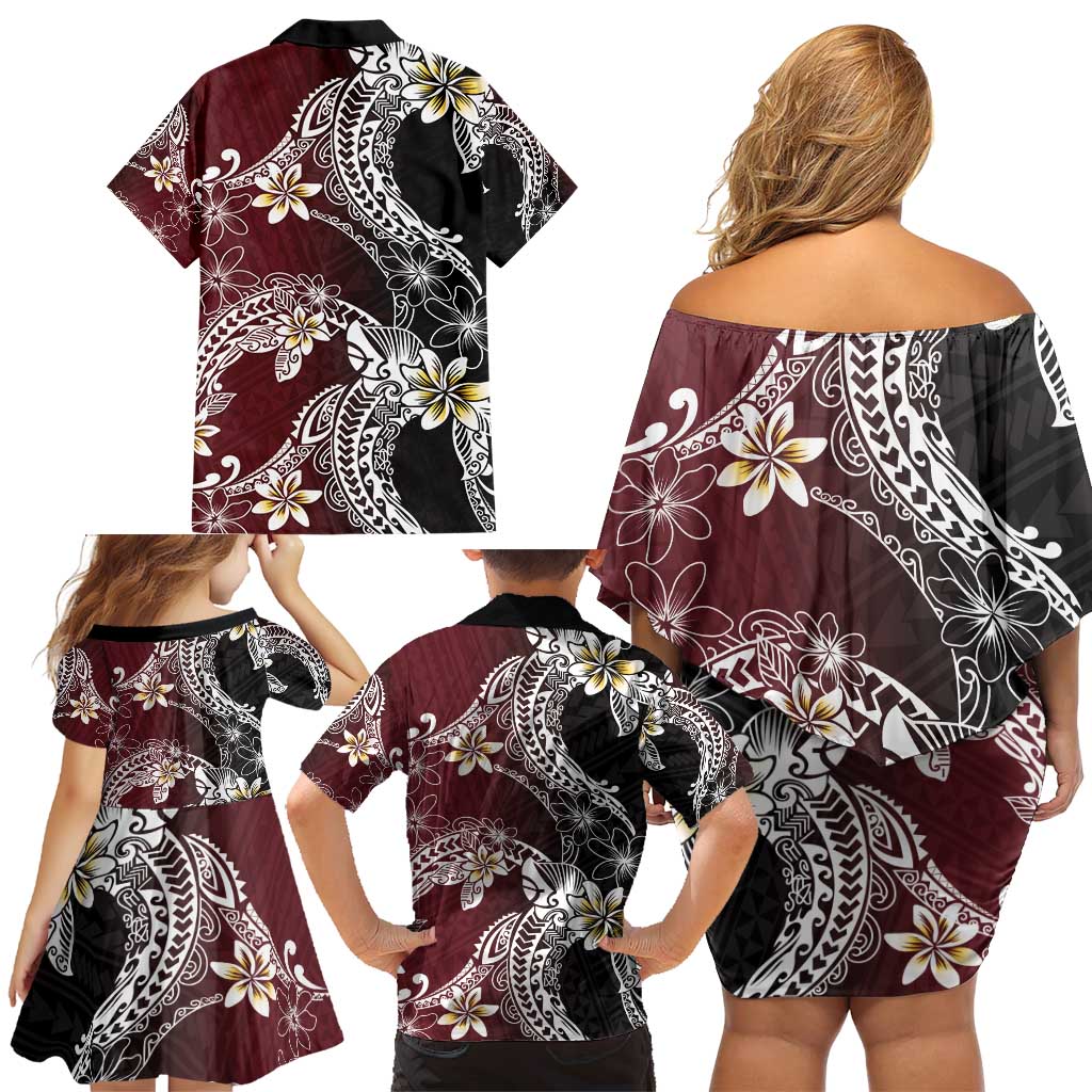 Polynesian Hawaiian Plumeria Tribal Pattern Family Matching Off Shoulder Short Dress and Hawaiian Shirt Special Wine Red Version LT01 - Polynesian Pride
