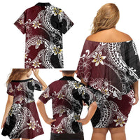 Polynesian Hawaiian Plumeria Tribal Pattern Family Matching Off Shoulder Short Dress and Hawaiian Shirt Special Wine Red Version LT01 - Polynesian Pride