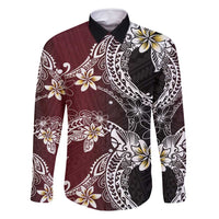 Polynesian Hawaiian Plumeria Tribal Pattern Family Matching Off Shoulder Short Dress and Hawaiian Shirt Special Wine Red Version LT01 Dad's Shirt - Long Sleeve Red - Polynesian Pride
