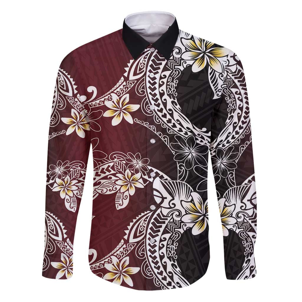 Polynesian Hawaiian Plumeria Tribal Pattern Family Matching Puletasi and Hawaiian Shirt Special Wine Red Version LT01 Dad's Shirt - Long Sleeve Red - Polynesian Pride