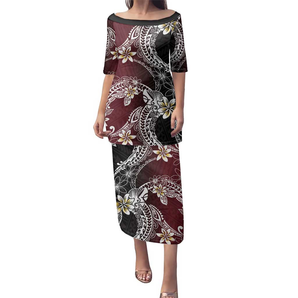 Polynesian Hawaiian Plumeria Tribal Pattern Family Matching Puletasi and Hawaiian Shirt Special Wine Red Version LT01 Mom's Dress Red - Polynesian Pride