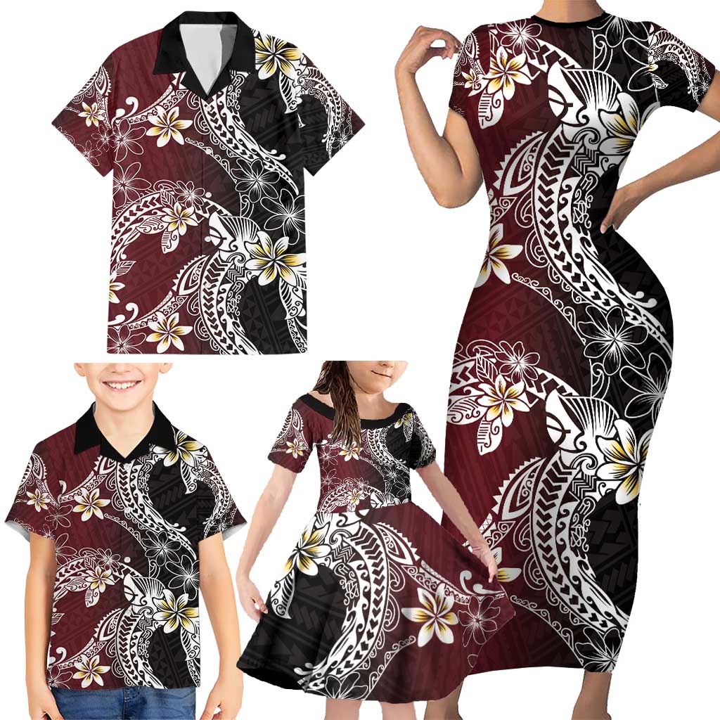 Polynesian Hawaiian Plumeria Tribal Pattern Family Matching Short Sleeve Bodycon Dress and Hawaiian Shirt Special Wine Red Version LT01 - Polynesian Pride
