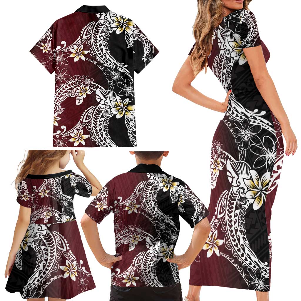 Polynesian Hawaiian Plumeria Tribal Pattern Family Matching Short Sleeve Bodycon Dress and Hawaiian Shirt Special Wine Red Version LT01 - Polynesian Pride
