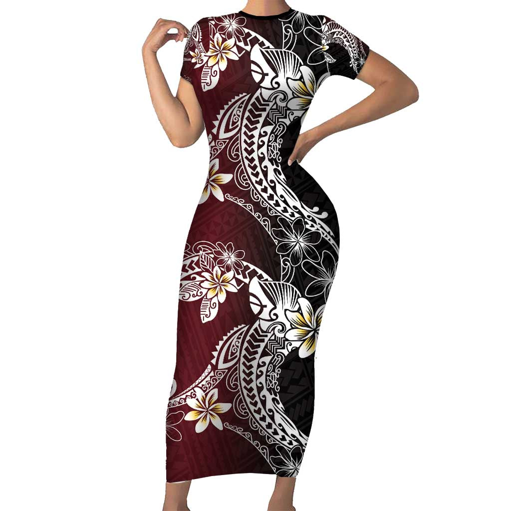 Polynesian Hawaiian Plumeria Tribal Pattern Family Matching Short Sleeve Bodycon Dress and Hawaiian Shirt Special Wine Red Version LT01 Mom's Dress Red - Polynesian Pride