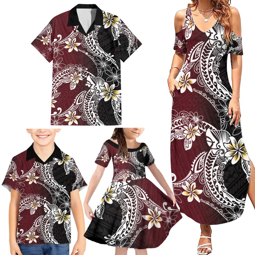 Polynesian Hawaiian Plumeria Tribal Pattern Family Matching Summer Maxi Dress and Hawaiian Shirt Special Wine Red Version LT01 - Polynesian Pride