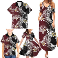Polynesian Hawaiian Plumeria Tribal Pattern Family Matching Summer Maxi Dress and Hawaiian Shirt Special Wine Red Version LT01 - Polynesian Pride
