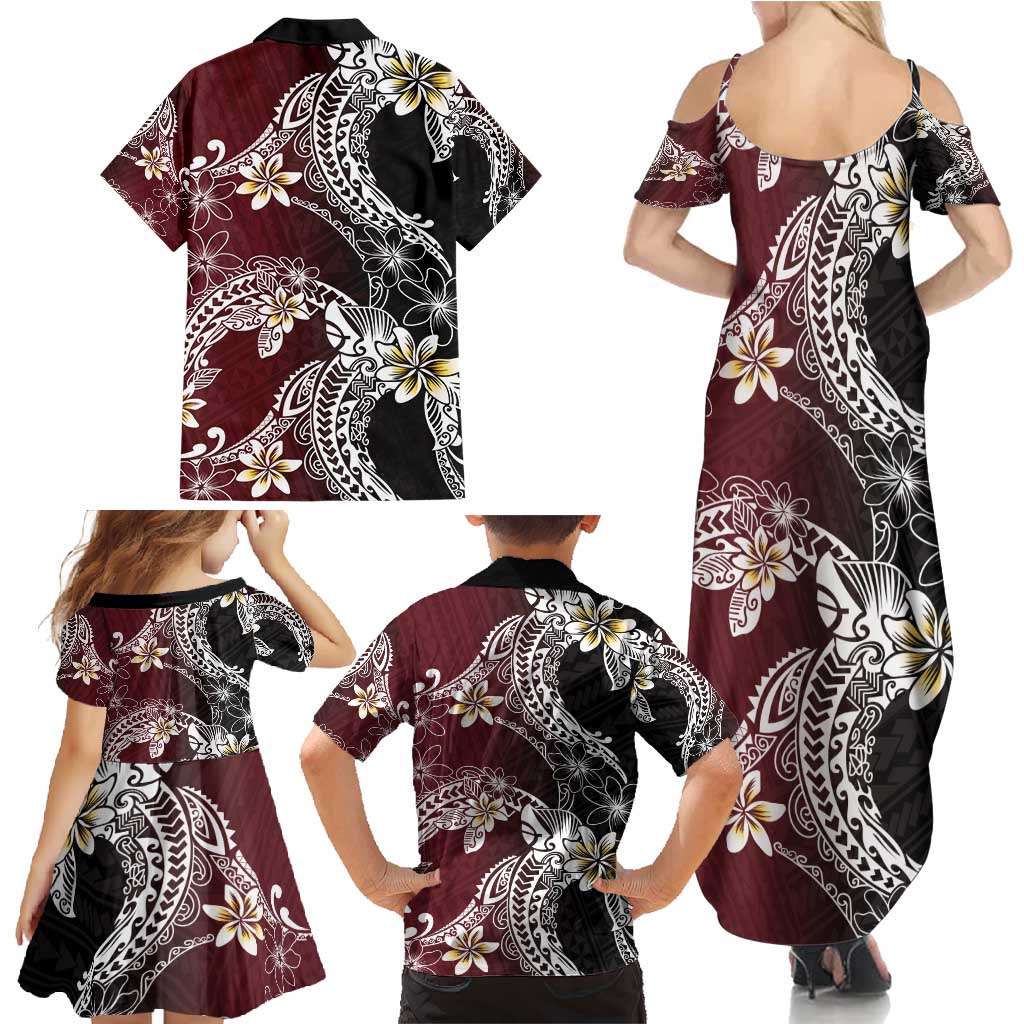 Polynesian Hawaiian Plumeria Tribal Pattern Family Matching Summer Maxi Dress and Hawaiian Shirt Special Wine Red Version LT01 - Polynesian Pride