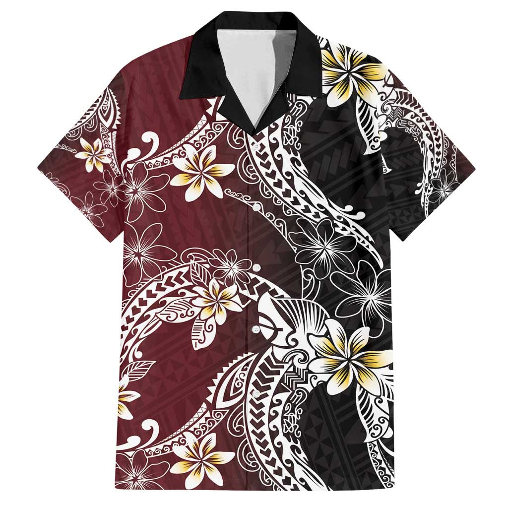 Polynesian Hawaiian Plumeria Tribal Pattern Family Matching Summer Maxi Dress and Hawaiian Shirt Special Wine Red Version LT01 Dad's Shirt - Short Sleeve Red - Polynesian Pride