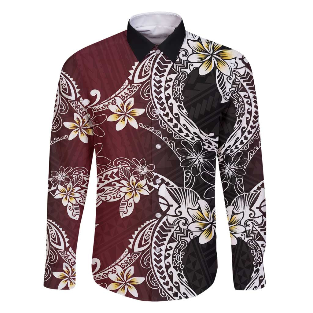 Polynesian Hawaiian Plumeria Tribal Pattern Family Matching Summer Maxi Dress and Hawaiian Shirt Special Wine Red Version LT01 Dad's Shirt - Long Sleeve Red - Polynesian Pride