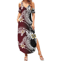 Polynesian Hawaiian Plumeria Tribal Pattern Family Matching Summer Maxi Dress and Hawaiian Shirt Special Wine Red Version LT01 Mom's Dress Red - Polynesian Pride
