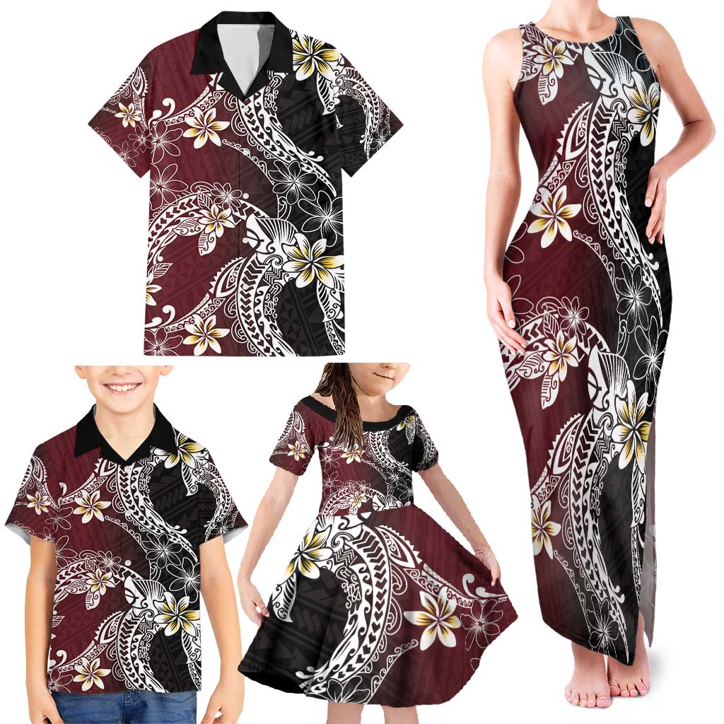 Polynesian Hawaiian Plumeria Tribal Pattern Family Matching Tank Maxi Dress and Hawaiian Shirt Special Wine Red Version LT01 - Polynesian Pride