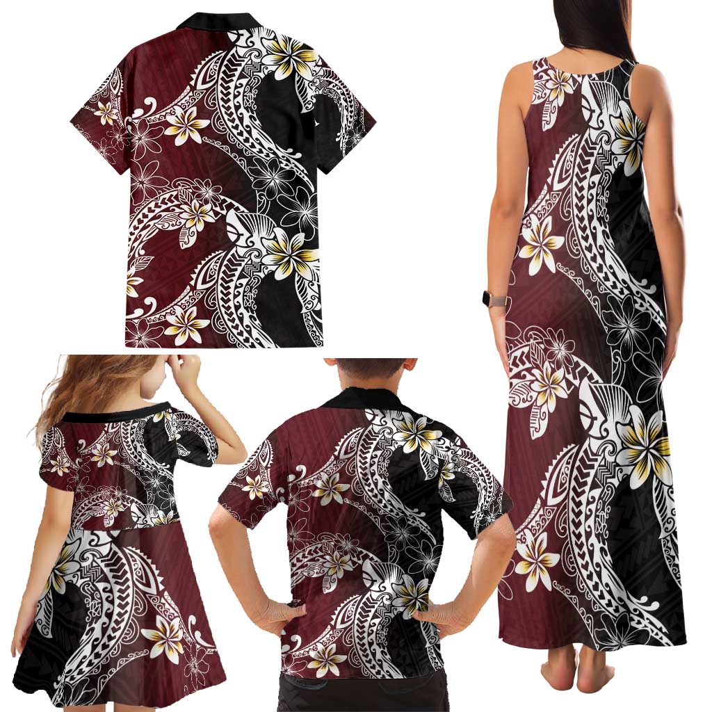 Polynesian Hawaiian Plumeria Tribal Pattern Family Matching Tank Maxi Dress and Hawaiian Shirt Special Wine Red Version LT01 - Polynesian Pride