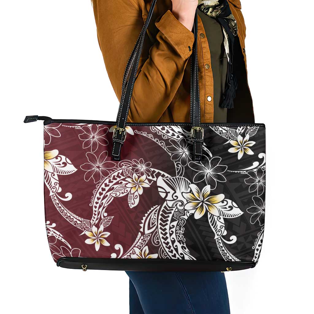 Polynesian Hawaiian Plumeria Tribal Pattern Leather Tote Bag Special Wine Red Version