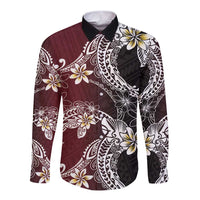 Polynesian Hawaiian Plumeria Tribal Pattern Long Sleeve Button Shirt Special Wine Red Version