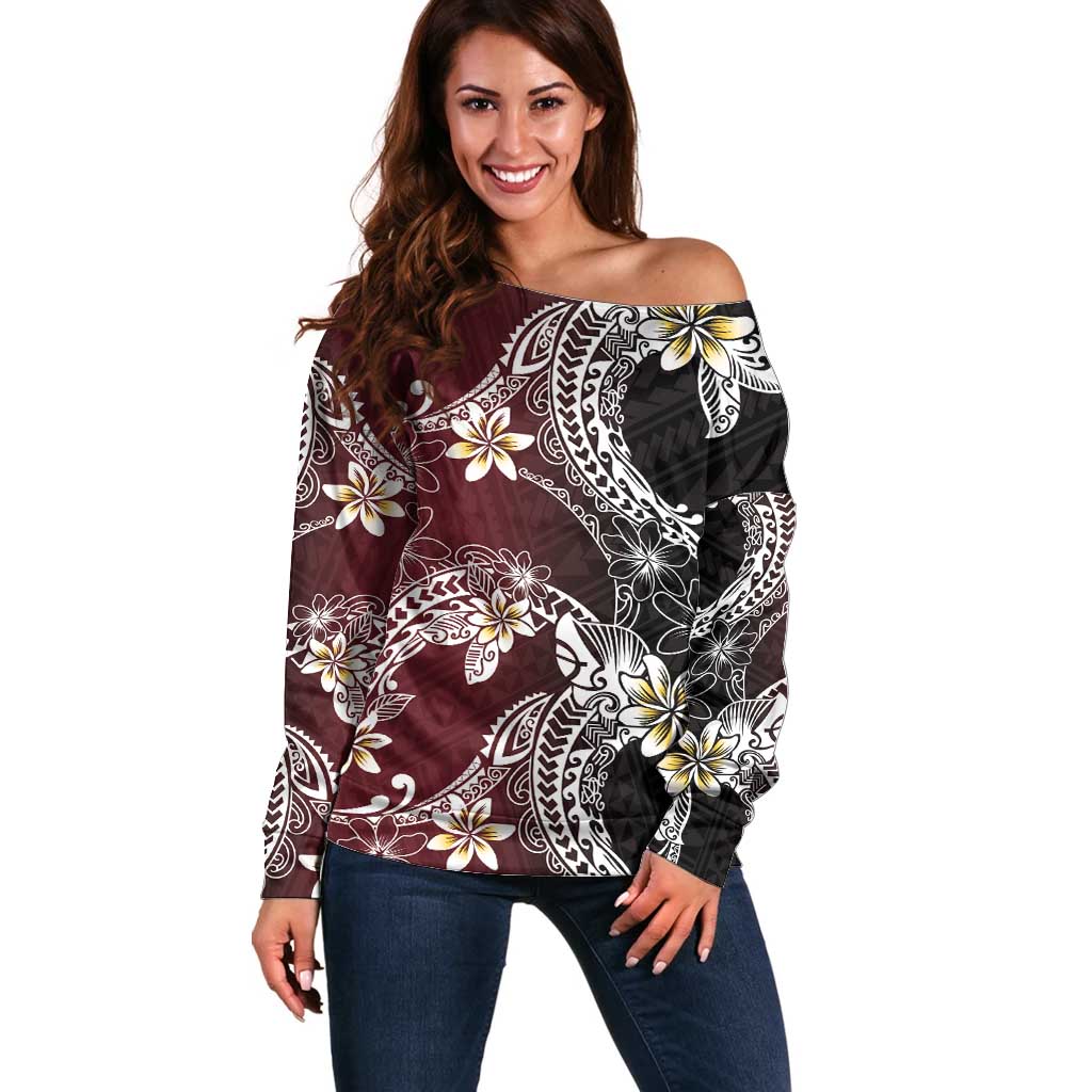 Polynesian Hawaiian Plumeria Tribal Pattern Off Shoulder Sweater Special Wine Red Version LT01 Women Red - Polynesian Pride