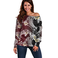 Polynesian Hawaiian Plumeria Tribal Pattern Off Shoulder Sweater Special Wine Red Version LT01 Women Red - Polynesian Pride