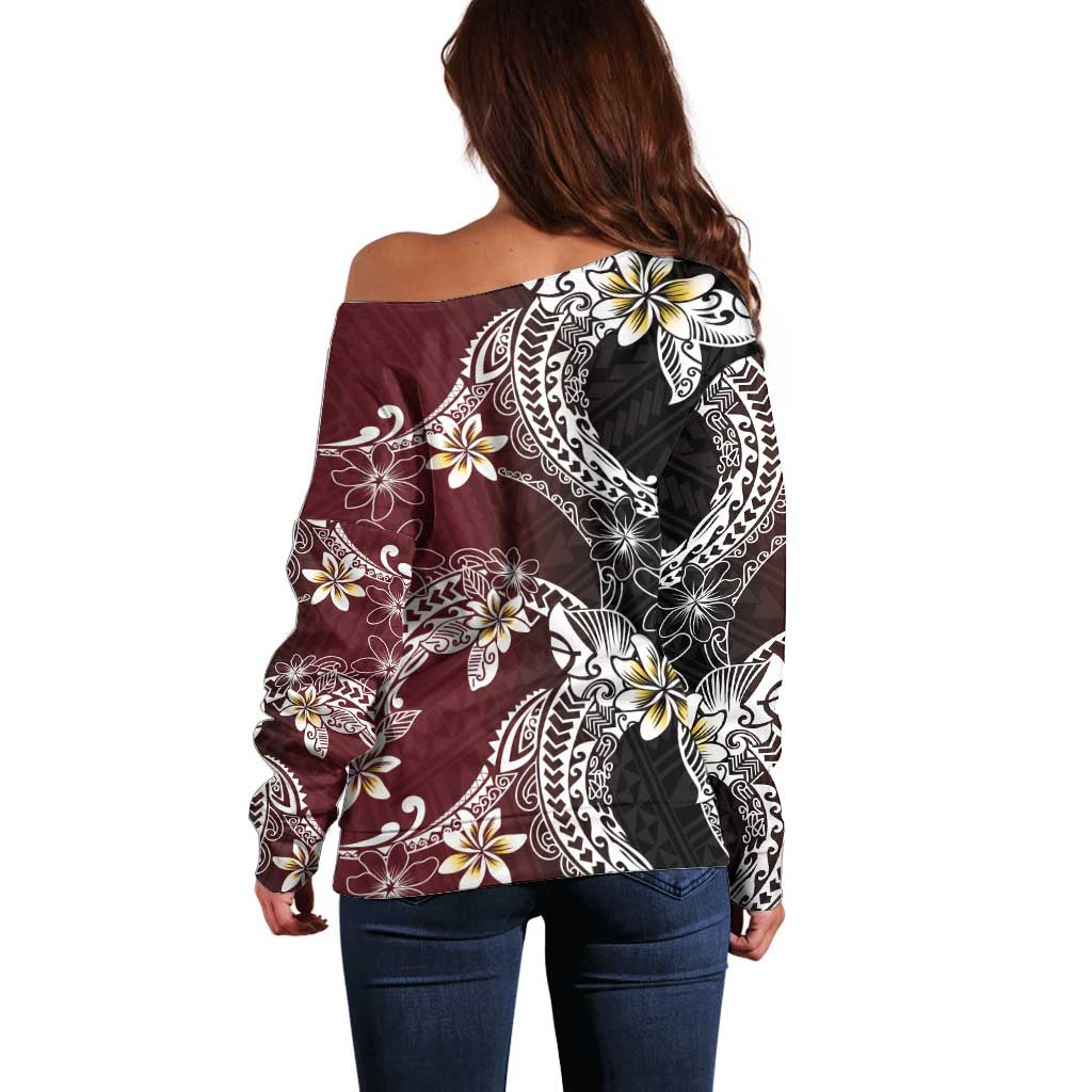 Polynesian Hawaiian Plumeria Tribal Pattern Off Shoulder Sweater Special Wine Red Version LT01 - Polynesian Pride