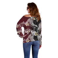Polynesian Hawaiian Plumeria Tribal Pattern Off Shoulder Sweater Special Wine Red Version LT01 - Polynesian Pride