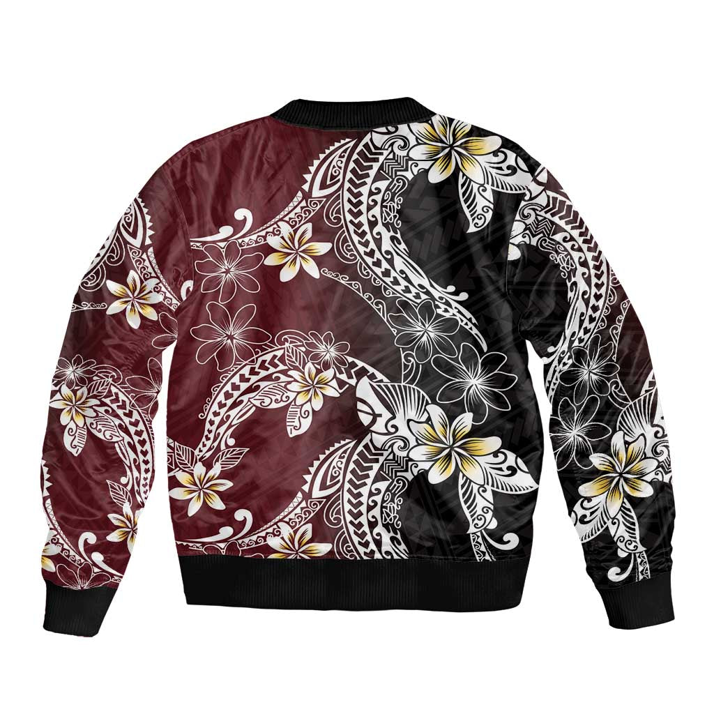 Polynesian Hawaiian Plumeria Tribal Pattern Sleeve Zip Bomber Jacket Special Wine Red Version LT01 - Polynesian Pride