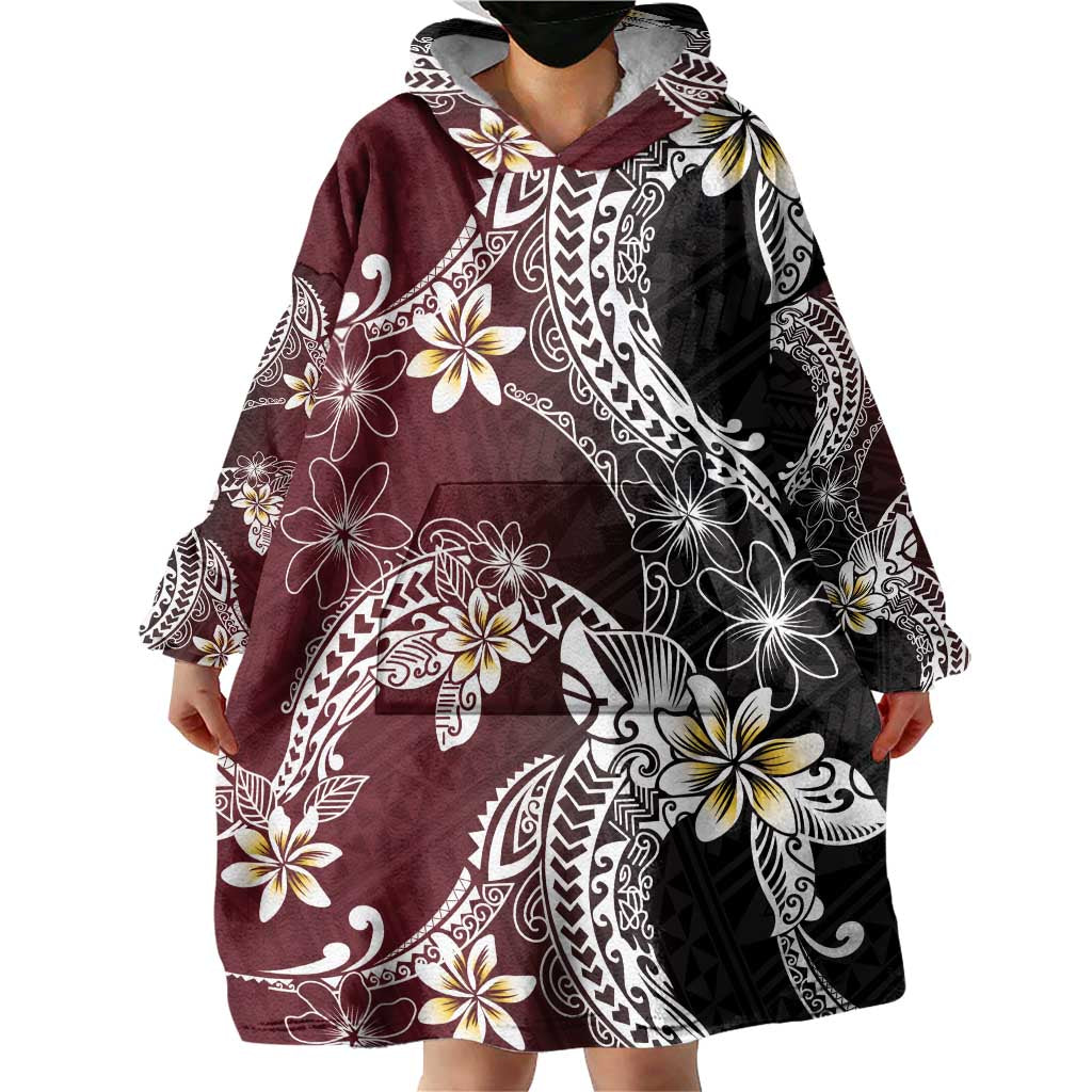 Polynesian Hawaiian Plumeria Tribal Pattern Wearable Blanket Hoodie Special Wine Red Version LT01 - Polynesian Pride