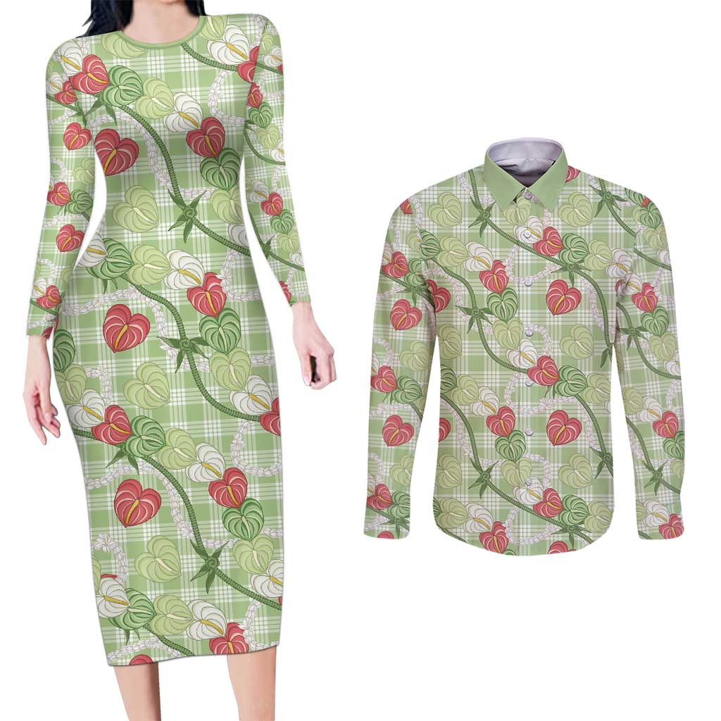 Anthurium Pikake Ti Leaf Palaka Couples Matching Long Sleeve Bodycon Dress and Long Sleeve Button Shirt Green Version LT01 Green - Polynesian Pride