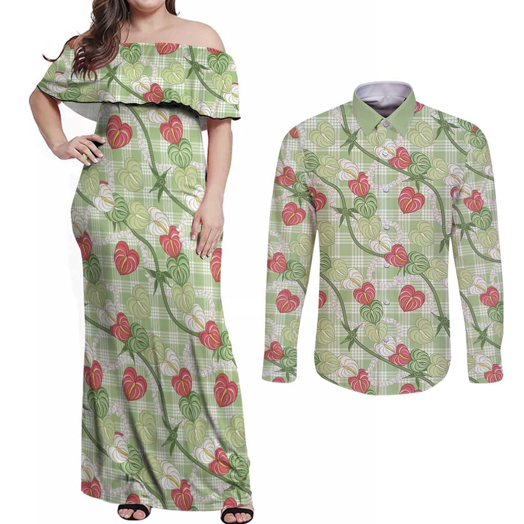 Anthurium Pikake Ti Leaf Palaka Couples Matching Off Shoulder Maxi Dress and Long Sleeve Button Shirt Green Version LT01 Green - Polynesian Pride